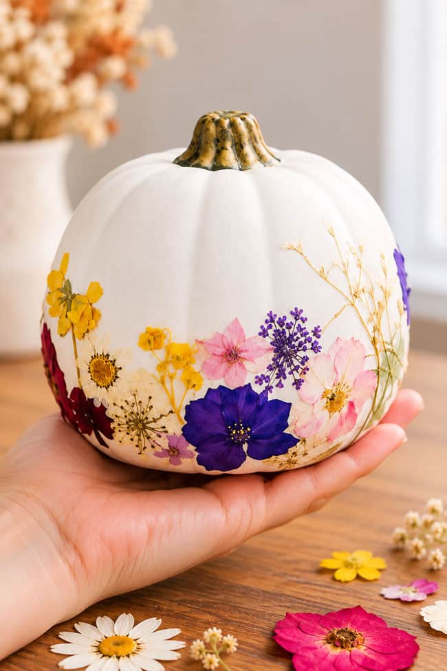 DIY Pressed Flower Pumpkin Holding a DIY pressed flower pumpkin