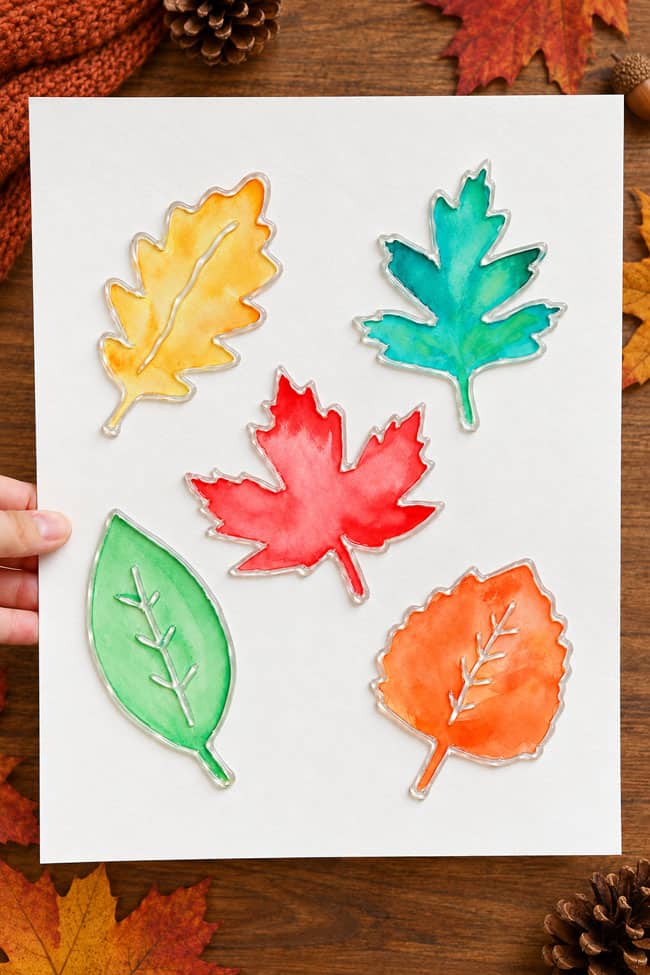 Fall Hot Glue Gun Art Showing the finish fall leaf watercolor art