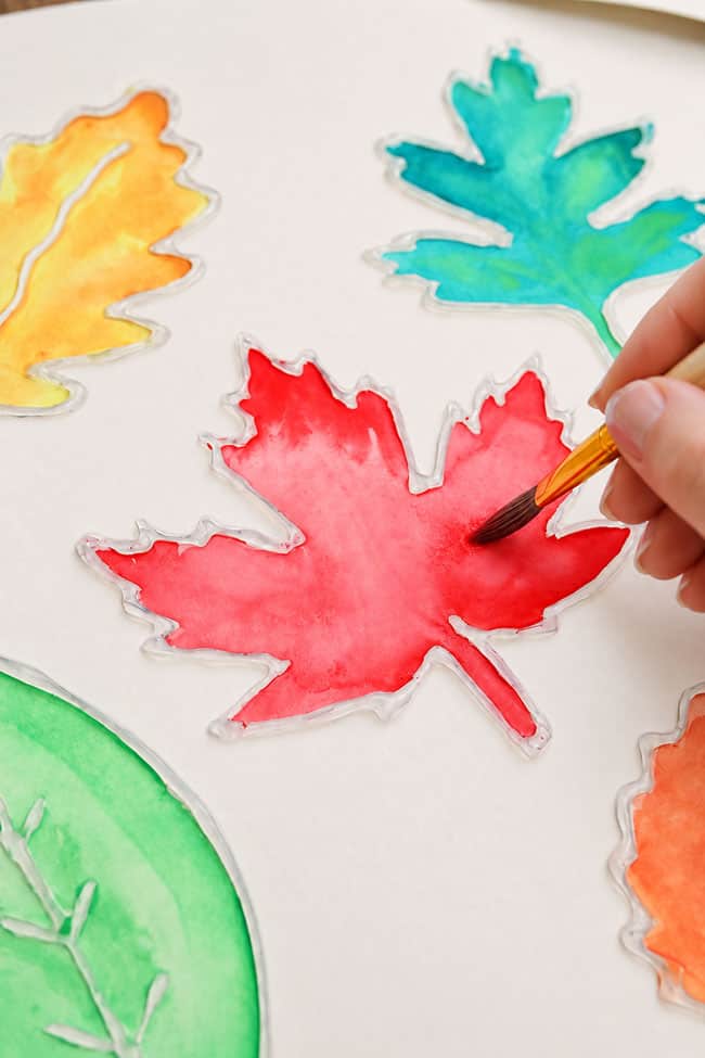 Fall Leaves Glue Gun Art Adding watercolor paint to glue gun art leaf shapes