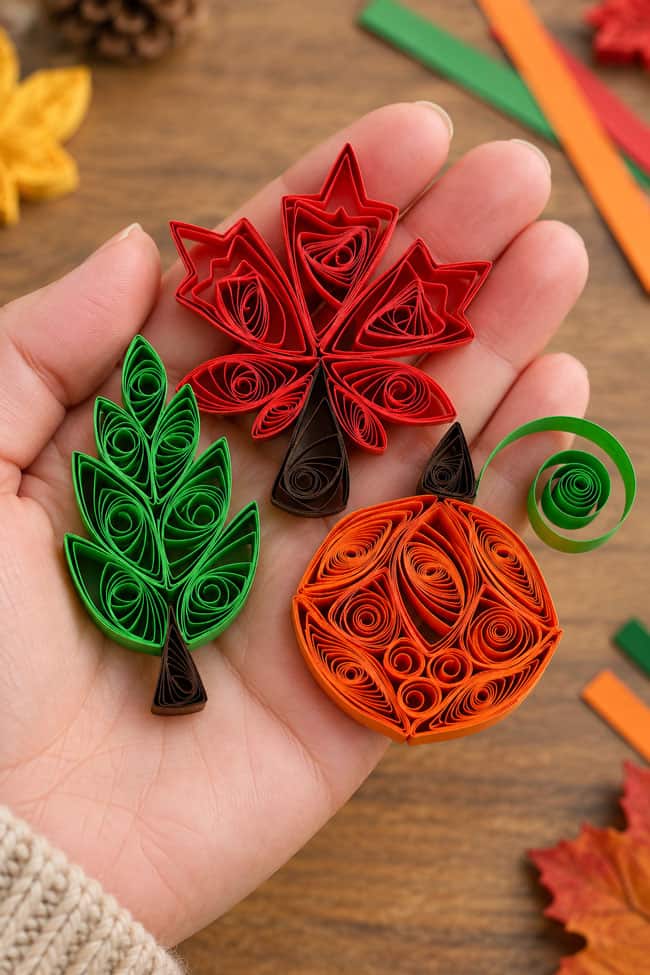Fall Quilling Ideas Holding paper quilled leaves and pumpkin