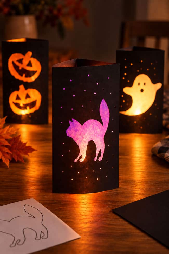 Halloween Lantern Craft Cute glowing lanterns with a Halloween cat, jack-o-lanterns, and a ghost