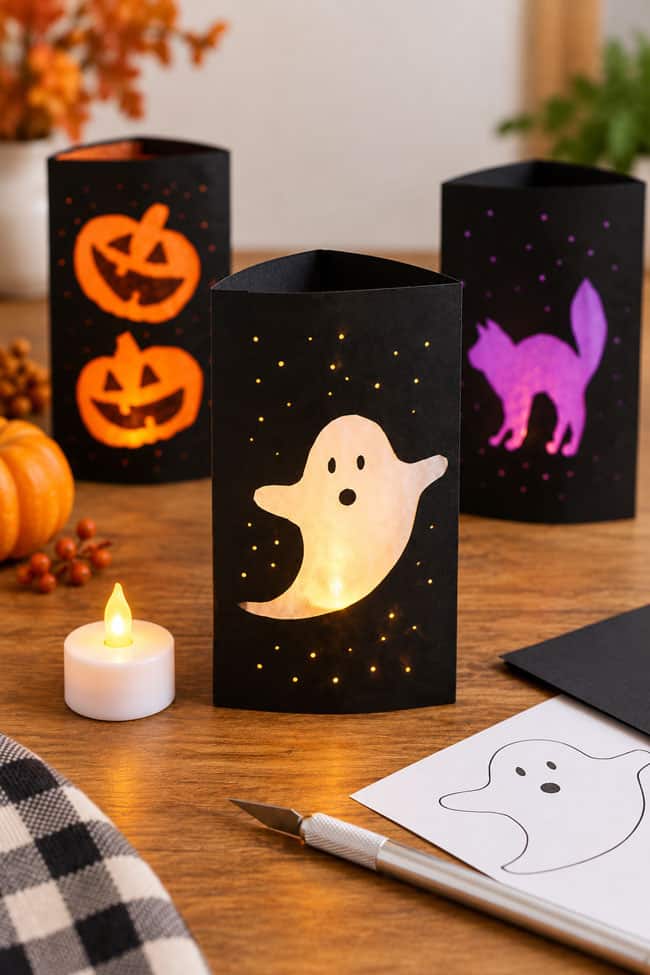 Halloween Paper Lanterns Displaying Halloween paper lanterns with craft supplies to make more