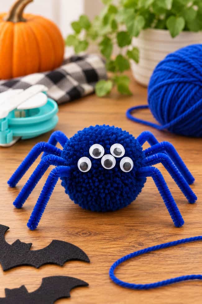 Halloween Pom Pom Ideas Pom pom spider with googly eyes and pipe cleaner legs