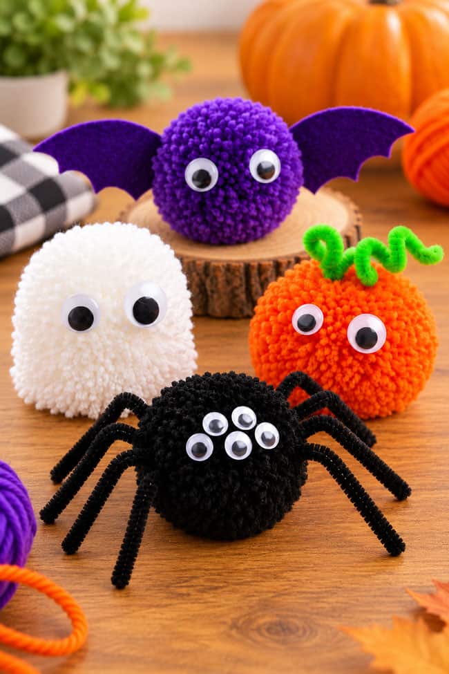 Pom pom bat, pom pom ghost, pom pom pumpkin, and pom pom spider on display