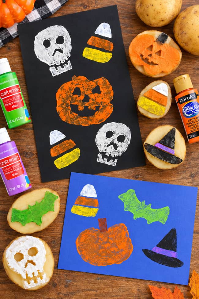 Halloween Potato Shapes Pumpkin, skull, candy corn, bat, and witch hat stamps