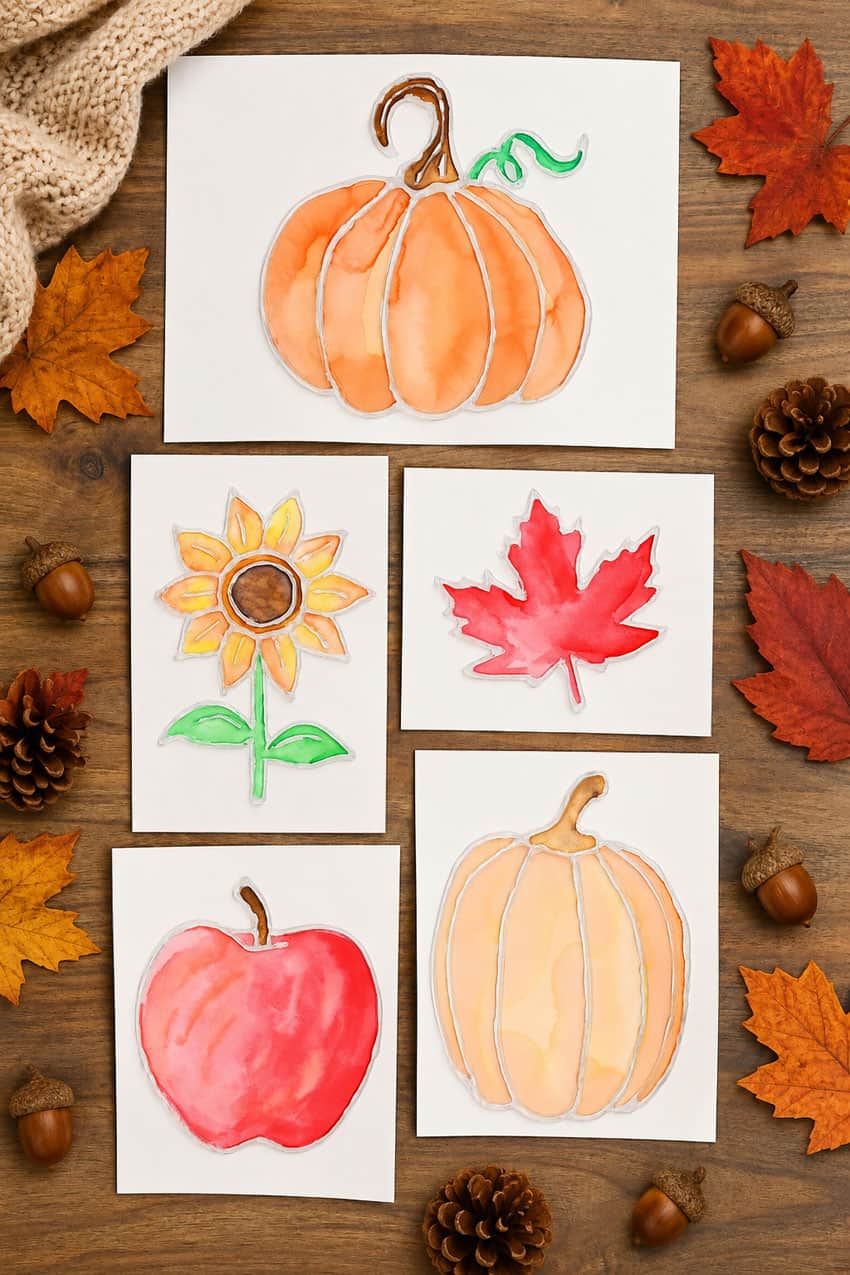 Hot Glue Painting for Fall Fall glue gun art symbols on wood background with autumn decorations