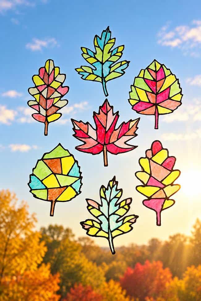Beautiful fall leaf suncatchers hanging in a window