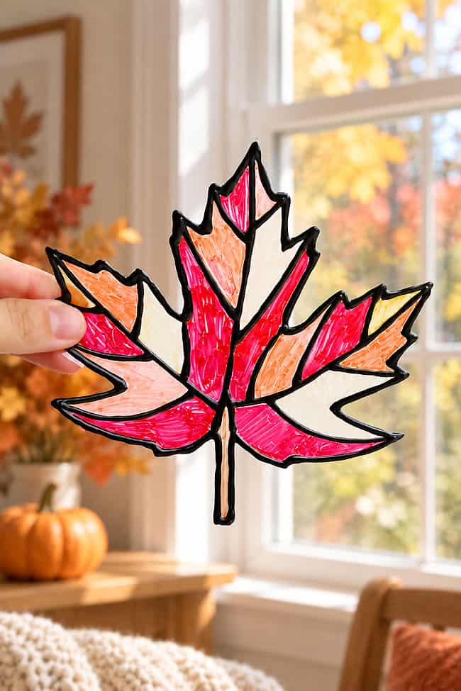 Holding a maple leaf suncatcher up to the light