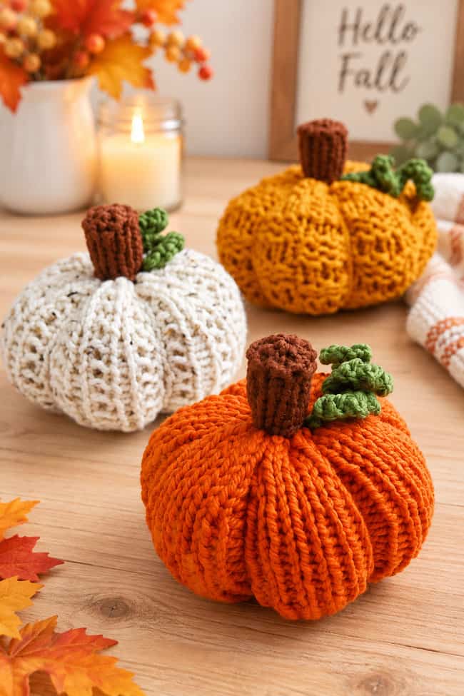 Loom Knit Pumpkin Loom knit pumpkins on display for fall