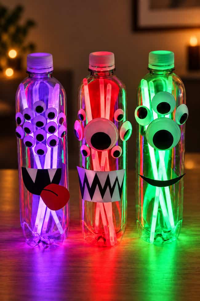 Monster Glow Stick Lanterns Glow stick lanterns on display as Halloween decorations