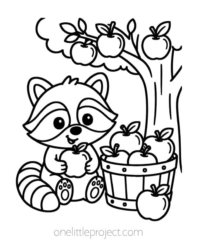 October Color Sheets October Color Sheets - raccoon with a barrel of apples