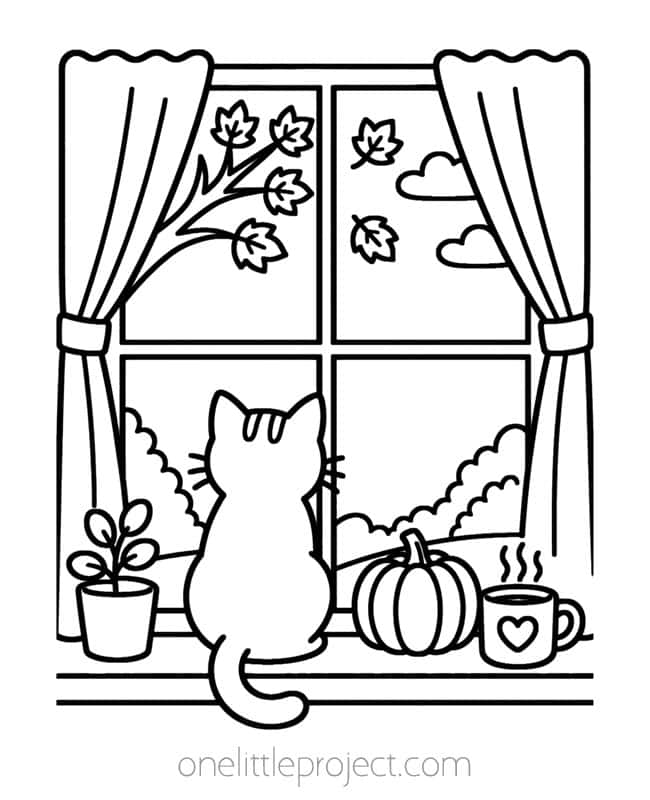 October Coloring Pages October Coloring Pages - cat in a window showing a fall scene