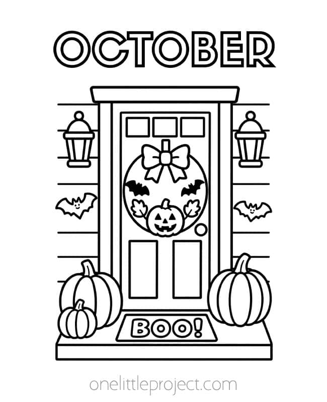 October Coloring Sheets October Coloring Sheets - door with Halloween wreath and decorations