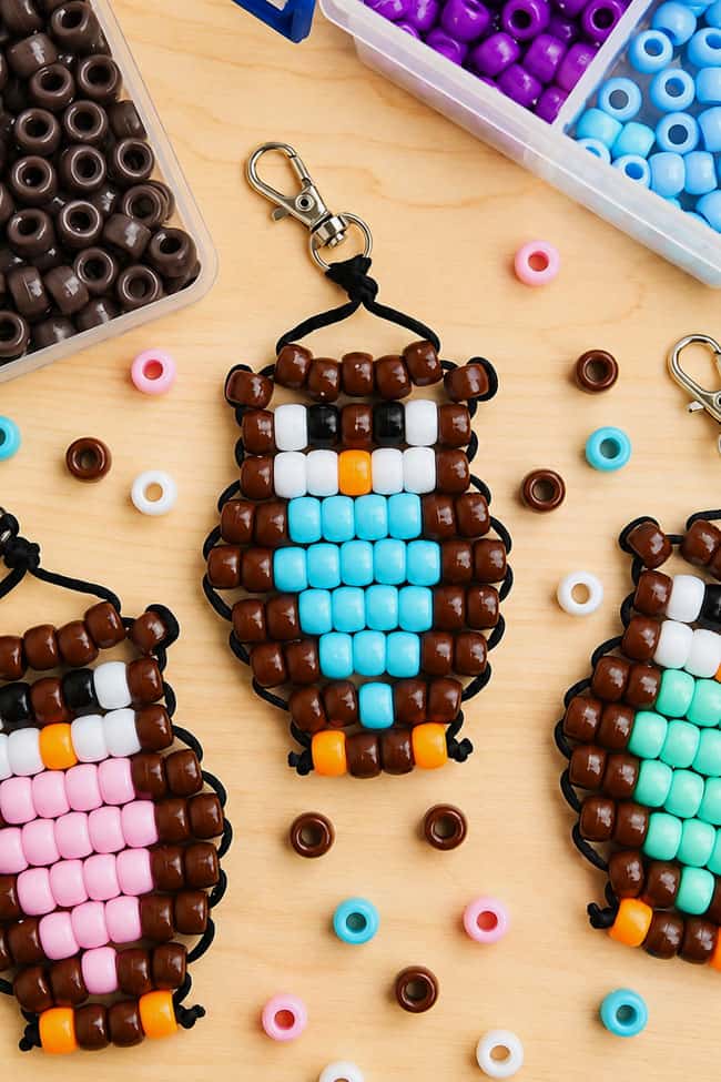 Owl Pony Beads Owl pony bead keychains with craft supplies to make more