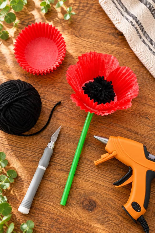 Poppy Flower Craft DIY poppy flower with craft supplies around it
