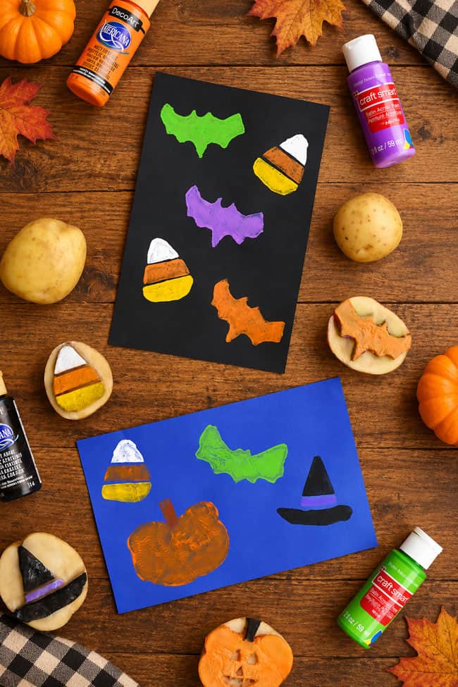 Potato Stamp Halloween Colorful Halloween stamped designs made with potatoes