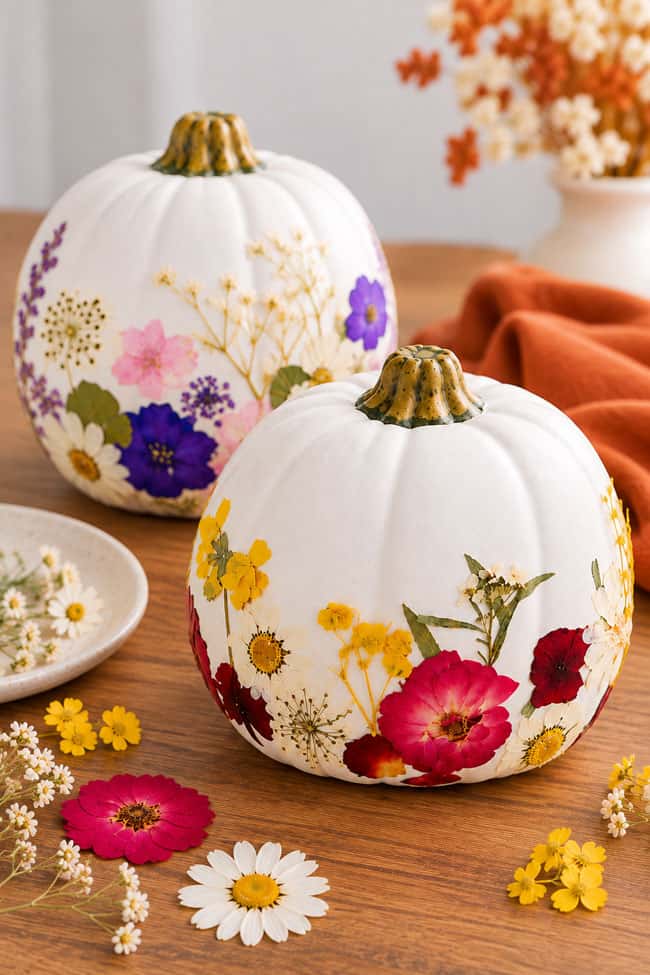 Pressed Flower Pumpkin Craft Pumpkins decorated with pressed flowers
